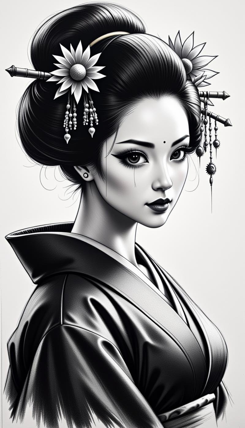 <lora:DarkCharcoalFlux:0.75>A monochrome dark charcoal drawing. A sketchy, rough and messy drawing of geisha