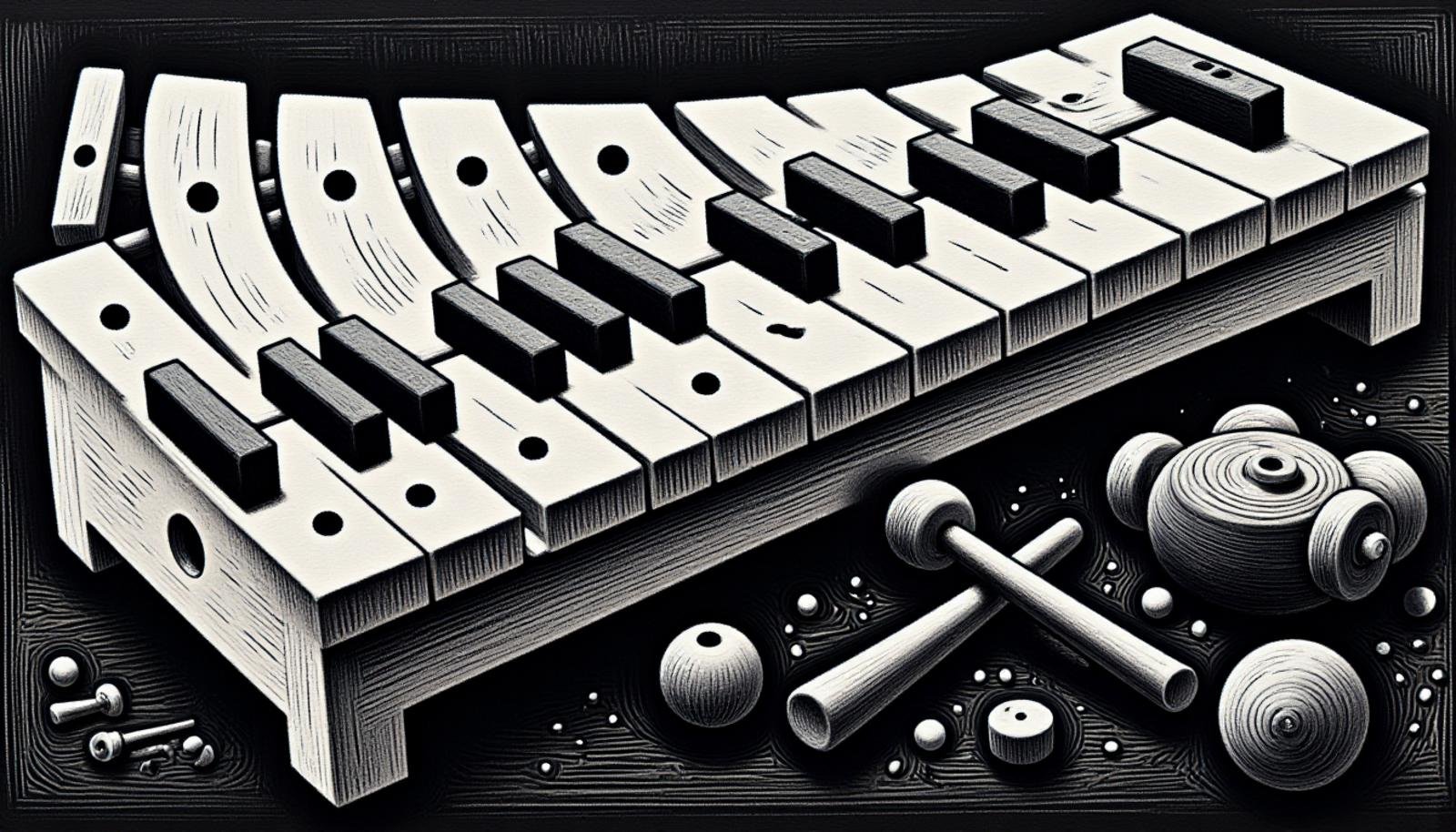 <lora:DarkCharcoalFlux:1>Black background, white chalk, A monochrome dark rough charcoal sketch of Xylophone, black and white