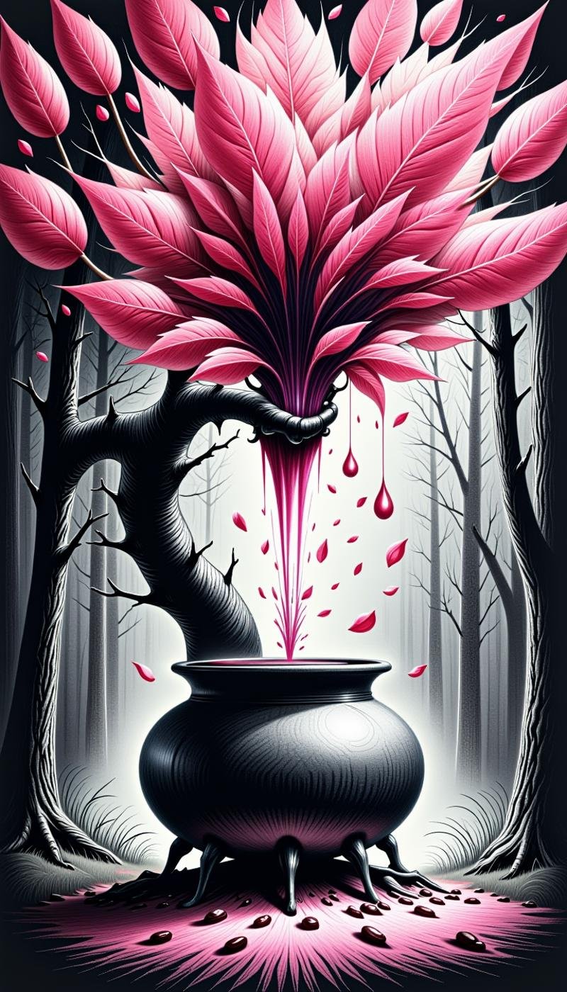 <lora:DarkCharcoalFlux:0.75>A monochrome dark charcoal drawing. A sketchy, rough and messy drawing of Fantasy illustration of a glossy cherry blossom tree in full bloom, with pink petals gently falling in a misty forest. A large, ornate cauldron sits at the base of the tree, with a magical potion brewing inside, casting an ethereal glow. The potion is a mix of swirling blues, greens and purples. The overall atmosphere is enchanting and serene., black and white