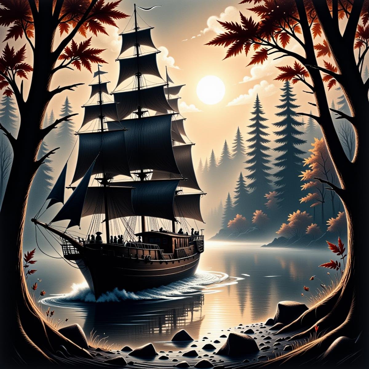 <lora:DarkCharcoalFlux:1> Realistic digital painting of a ghost ship sailing in a misty forest next to a shimmering lake. The forest has tall trees with autumn leaves, creating a golden canopy. The lake reflects the secrets of the forest, and the ghost ship is sailing towards the horizon. The overall mood is melancholic and mysterious.