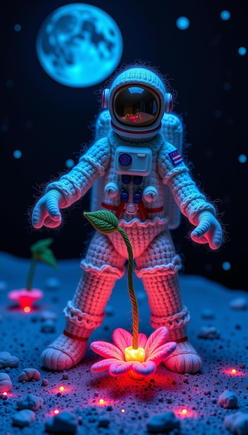 Made out of wool a surreal scene of an astronaut planting an alien flower on the moon, bioluminescent palette