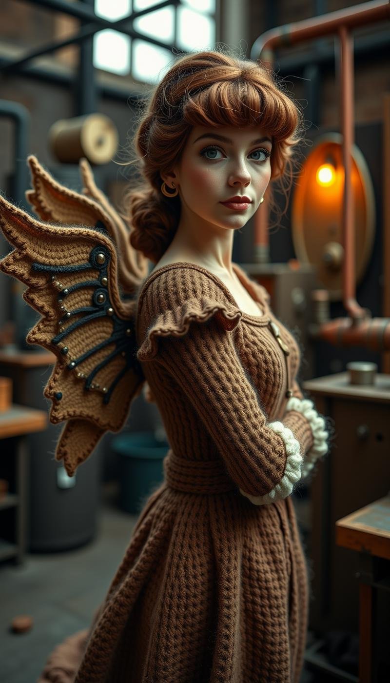 Made out of wool a Steampunk themed photograph, Victorian era lady, brown hair, blue eyes, elegant dress, mechanical wings, brass and copper materials, dimly lit, smoke filled, greenhouse, boiler room, vintage, sepia tones, film grain, narrow depth of field, portrait orientation