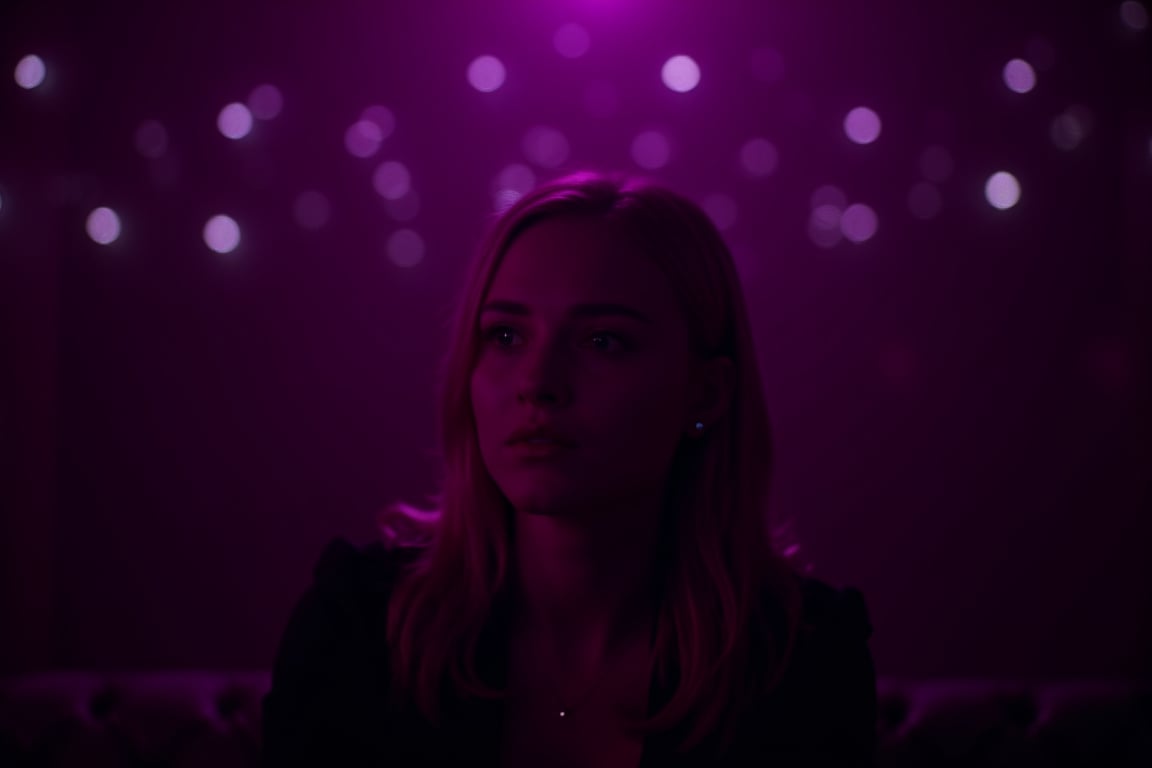 cinematic, A young woman with blonde hair sits in a dimly lit room, illuminated by soft purple and pink lighting. She gazes thoughtfully into the distance, with a bokeh of lights in the background, creating an intimate and contemplative atmosphere., film grain, Short telephoto focal length, shot on ALEXA 65