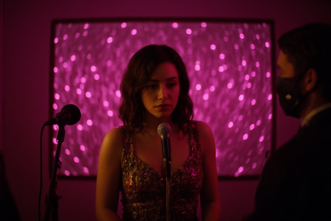 cinematic, A woman stands in front of a microphone under soft, warm lighting, with a reflective backdrop of pink lights behind her. Her expression is calm and introspective, creating a quiet and intimate atmosphere, as if she’s performing or about to speak, film grain, Short telephoto focal length, shot on ALEXA 65, calm and introspective, creating a quiet and intimate atmosphere, as if she’s performing or about to speak, film grain, Short telephoto focal length, shot on ALEXA 65