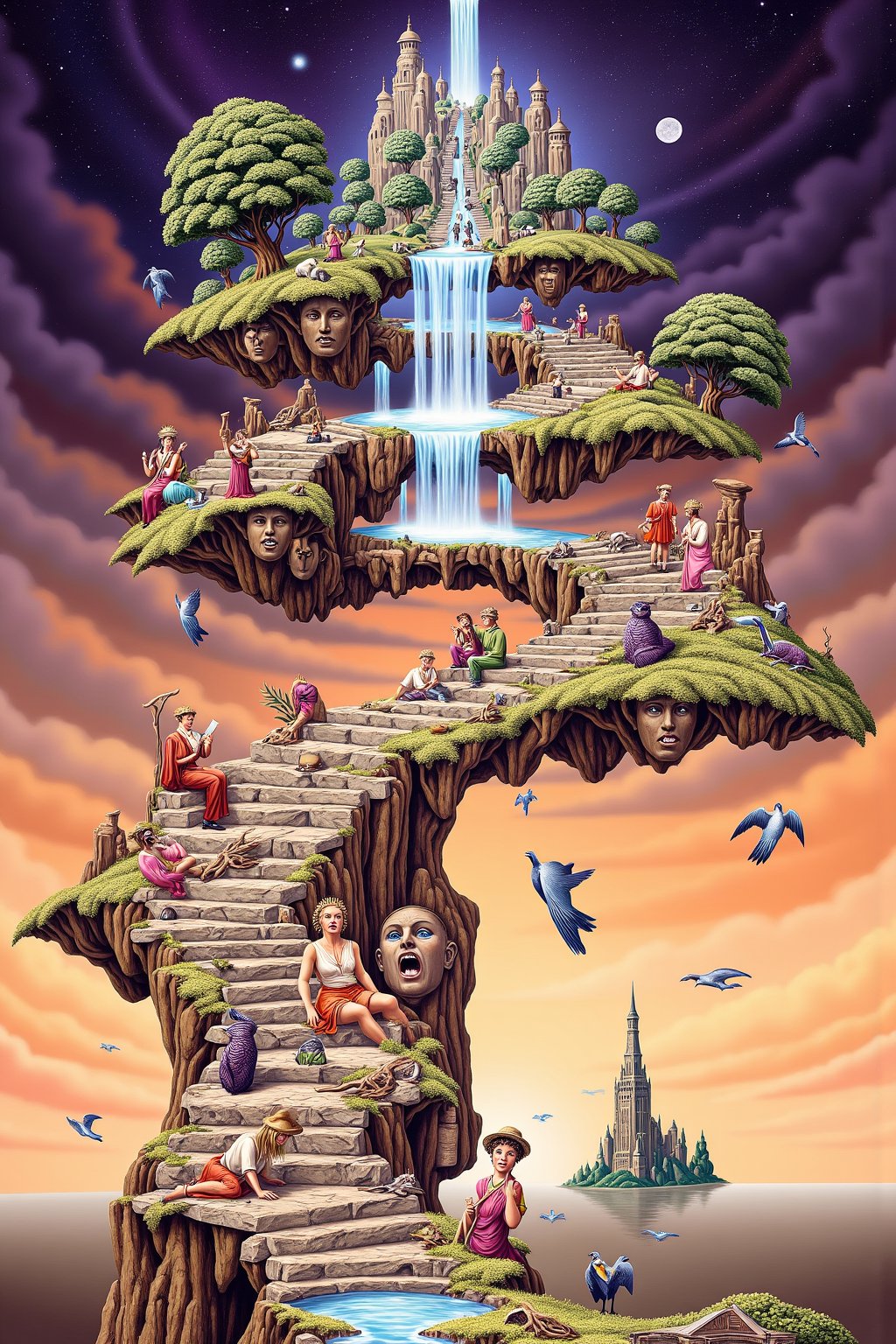 Surreal art. A staircase that spirals into the sky, but as you ascend, the steps are made of faces—some smiling, some weeping, others laughing manically. The staircase twists and turns in impossible ways, defying gravity. The higher you go, the more surreal the surroundings become: floating islands with melting waterfalls, birds with human eyes, and trees that grow upside down. The sky above shifts colors constantly, from deep purples to bright oranges, with stars that pulse in and out of existence.