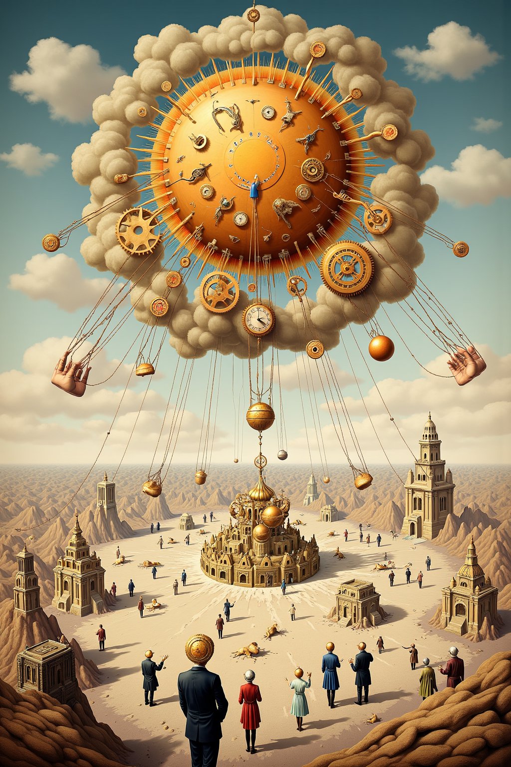 surreal art. In the sky, a massive sun hangs, but instead of being fiery, it’s controlled by intricate strings pulled by hands that emerge from the clouds. The sun’s surface is made of clock gears, constantly turning and ticking, but disjointed and chaotic. The landscape below is a surreal mixture of melting buildings, floating rocks, and people with no faces, their heads replaced with mirrors that reflect the world around them. As the sun moves, the shadows of the buildings morph into animals that walk and dance across the land.