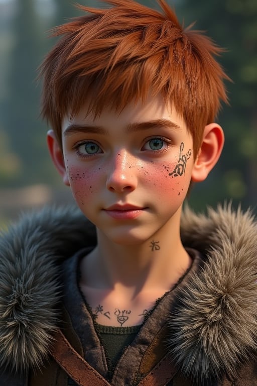 The image shows a young male character with short reddish-brown hair, light skin, and blue eyes. His face is marked with several small scars, giving him a battle-hardened or adventurous appearance. His outfit features rustic, Nordic-style attire, including fur-lined armor and a leather strap across his chest. He has visible tattoos on his neck and arms, suggesting a connection to a warrior culture or mythological setting. The overall aesthetic suggests he may be a character from a fantasy or Viking-inspired video game or movie.