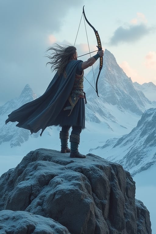 A lone figure, Atreus, stands atop a rugged mountain peak, wind-whipped hair and cloak billowing in the gusts. He holds aloft his prized bow, inscribed with ancient runes that glow softly in the fading light. The snow-capped peaks stretch out before him like teeth of a titanic beast, as he gazes out upon the vast expanse, quiver at his hip, ready to unleash arrows imbued with the power of the Nine Realms.