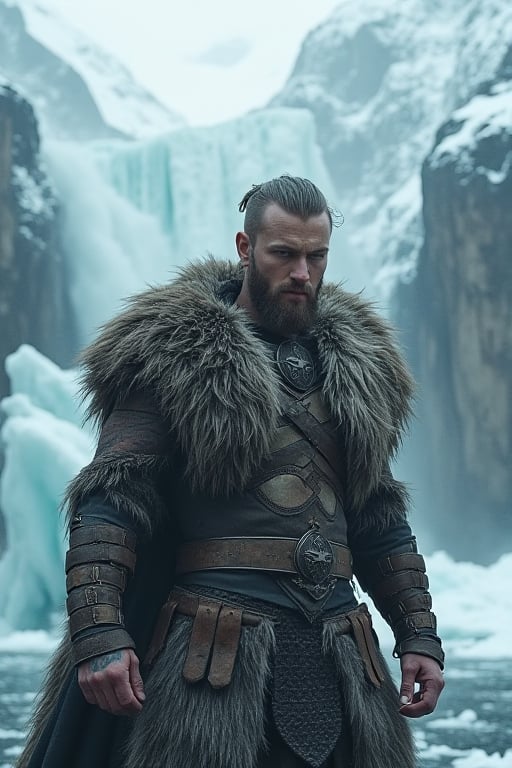 A Nordic warrior-prince in an epic clash, clad in fur-lined battle-armor, etched with warlike tattoos, framed against a backdrop of icy mountains and roaring waterfalls in a biomorphic, low-key masterpiece reminiscent of Sølve Sundsbø's ethereal style.