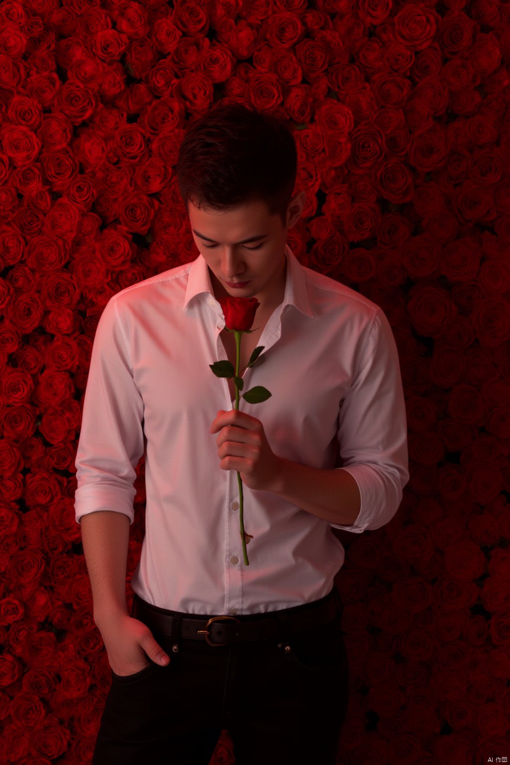 a young men standing in front of a wall covered in red roses.and he is wearing a white shirt and black pants, and is holding a rose in his hand. He is looking down,The overall mood of the image is sensual and intimate.