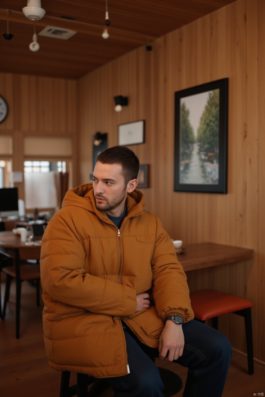 A man, enveloped in a rich mustard- colored puffer jacket, sits pensively in a cozy cafe setting, lost in thought as he gazes off to the side. The wooden interior, complete with a ceiling fan, provides a warm backdrop. A framed landscape picture adorns the wall, adding depth to the scene. Soft lighting and inviting textures create a modern, yet welcoming atmosphere.