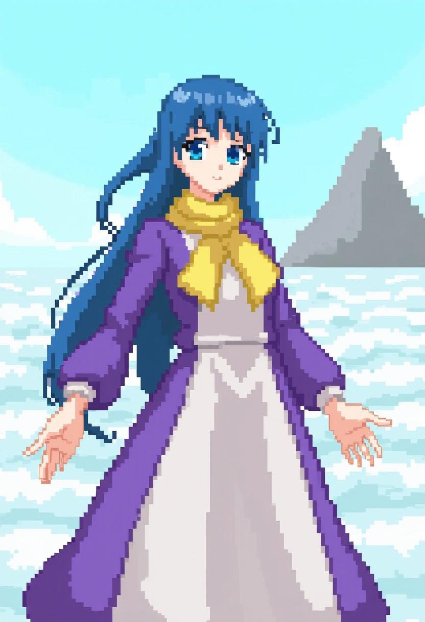 An pixelated image of a woman with long blue hair. She is wearing a purple and white dress with a yellow scarf around her neck. Her hair is pulled back in a ponytail. Her eyes are a piercing blue color. Her arms are outstretched in front of her. The background is a light blue sky with white clouds. To the right of the woman is a mountain.