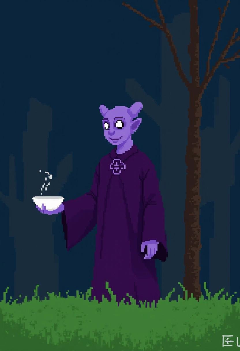 A pixelated image of a purple demon in a dark purple outfit. The demon is holding a white bowl in his right hand. There is a tree to the right of the demon. There are trees to the left of the image. The ground below the demon is covered in green grass. The sky is a deep blue color.