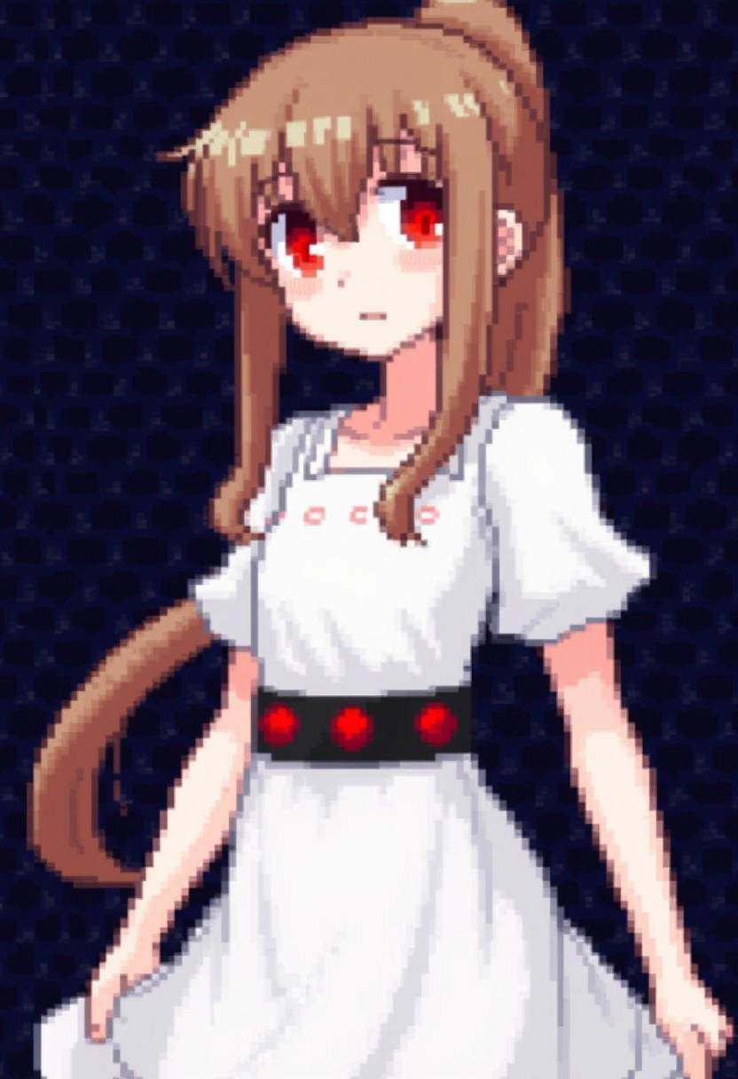 An pixelated image of a girl with long brown hair and red eyes. The girl is wearing a white dress with a black belt around her waist. The belt has red circles on it. The background is dark blue with small white dots. The woman's hair is a light brown color. Her eyes are a bright red. Her hair is pulled back in a ponytail.