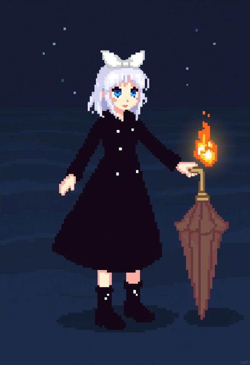 A pixelated image of a woman in a black dress with a white bow on her head. The woman is holding a brown umbrella in her right hand. Her eyes are blue and her hair is white. Her dress is long and black. Her boots are black and her feet are black. There is a fire on the right side of the image. The background is the dark blue sea.