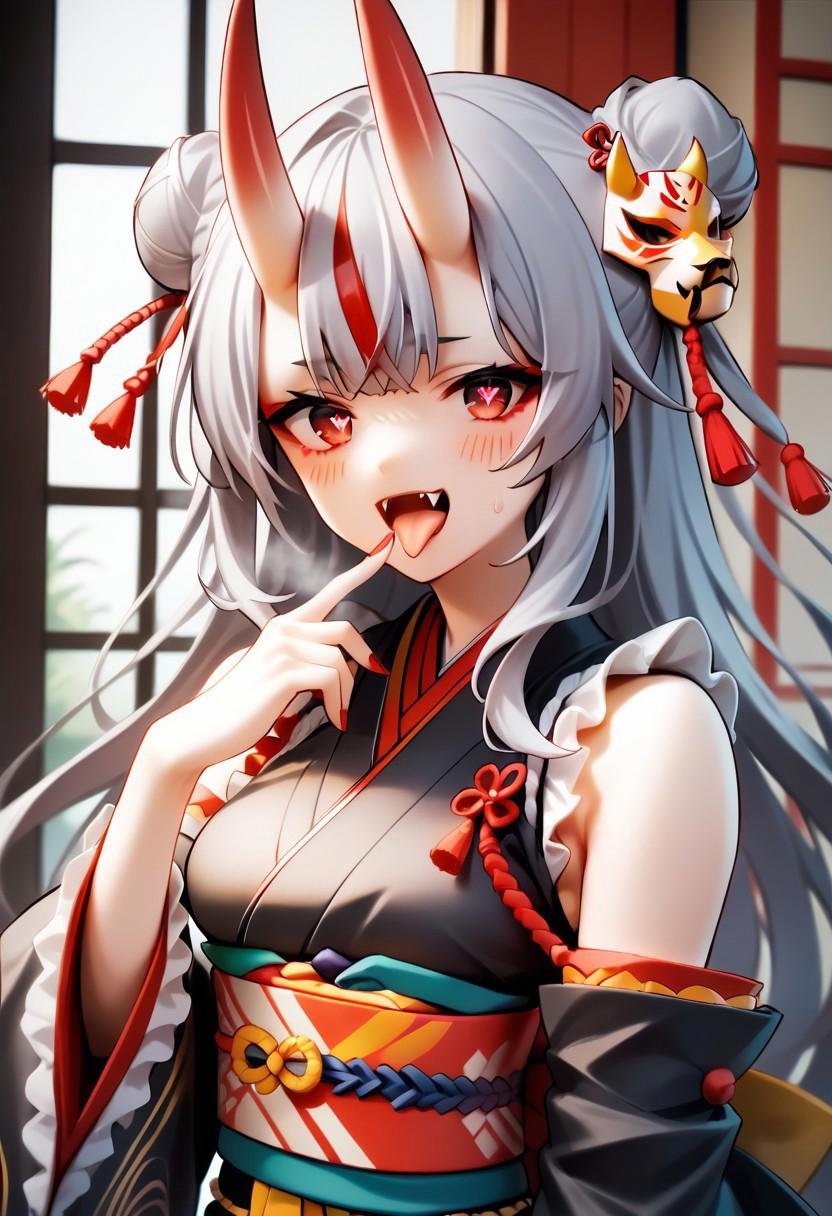 score_9,score_8_up,score_7_up,source_anime, 1girl,solo,long hair,breasts,looking at viewer,blush,open mouth,long sleeves,hair ornament,red eyes,bare shoulders,upper body,white hair,grey hair,multicolored hair,heart,sweat,red hair,frills,horns,detached sleeves,japanese clothes,tongue,virtual youtuber,fang,tongue out,wide sleeves,kimono,hair bun,nail polish,streaked hair,two side up,symbol-shaped pupils,sash,gradient hair,double bun,bell,mask,fangs,heart-shaped pupils,obi,frilled sleeves,tassel,rope,red nails,jingle bell,finger to mouth,oni,hair bell,mask on head,black kimono,oni mask,nakiri ayame,nakiri ayame \(1st costume\),