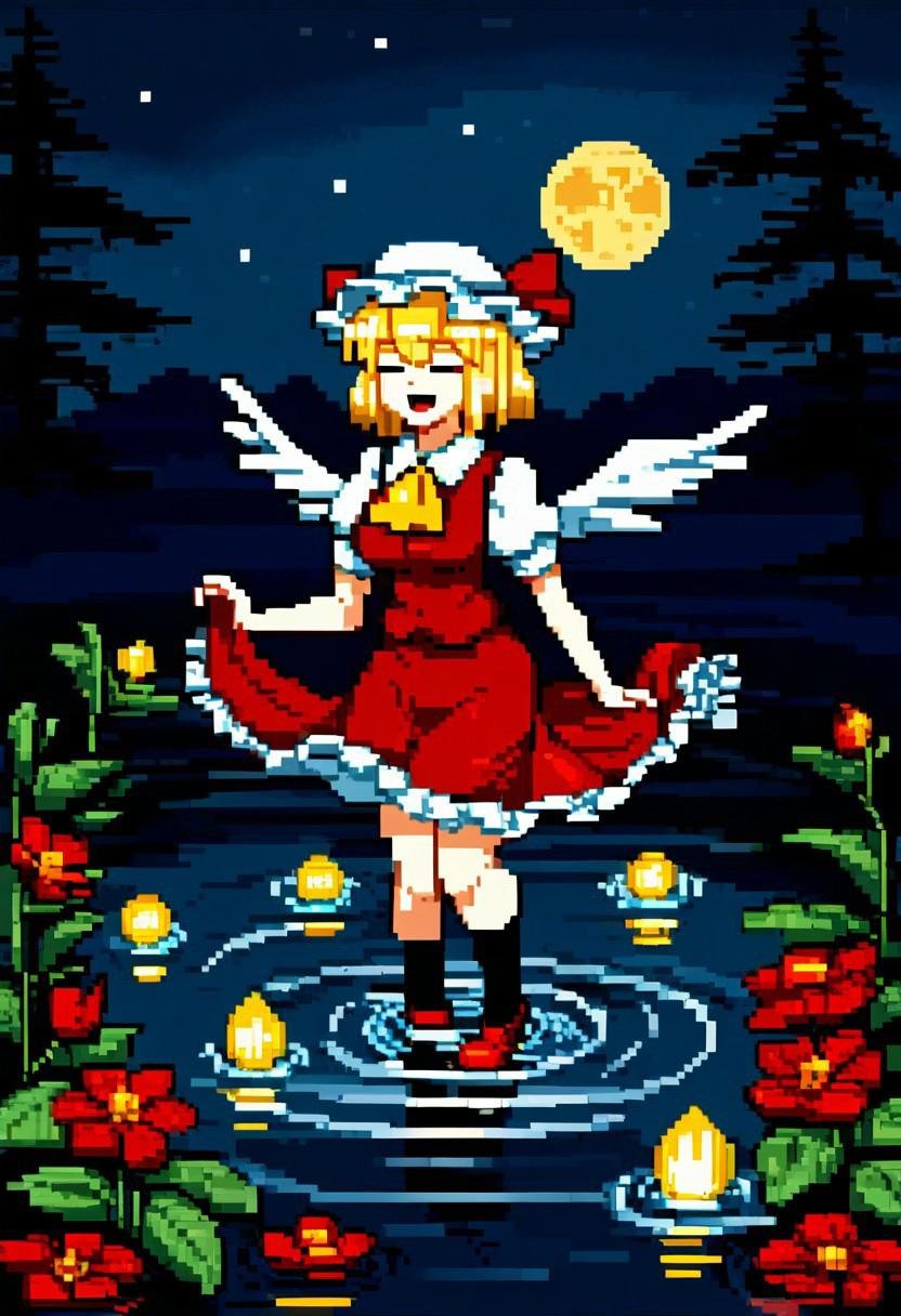 1girl,solo,smile,open mouth,short hair,shirt,skirt,blonde hair,hat,holding,bow,ribbon,standing,white shirt,full body,closed eyes,flower,weapon,short sleeves,:d,frills,wings,collared shirt,socks,puffy sleeves,holding weapon,water,vest,red ribbon,puffy short sleeves,ascot,night,white headwear,red skirt,moon,mob cap,frilled skirt,hat ribbon,red footwear,facing viewer,skirt set,full moon,frilled shirt collar,crystal,skirt hold,yellow ascot,red vest,ripples,laevatein \(touhou\),standing on liquid,flandre scarlet,