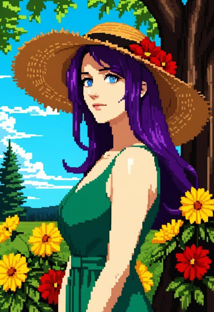 1girl,solo,long hair,looking at viewer,blue eyes,dress,hat,holding,closed mouth,bare shoulders,upper body,purple hair,flower,sidelocks,outdoors,sky,sleeveless,day,cloud,from side,blue sky,tree,looking to the side,sleeveless dress,red flower,green dress,sun hat,yellow flower,hat flower,straw hat,