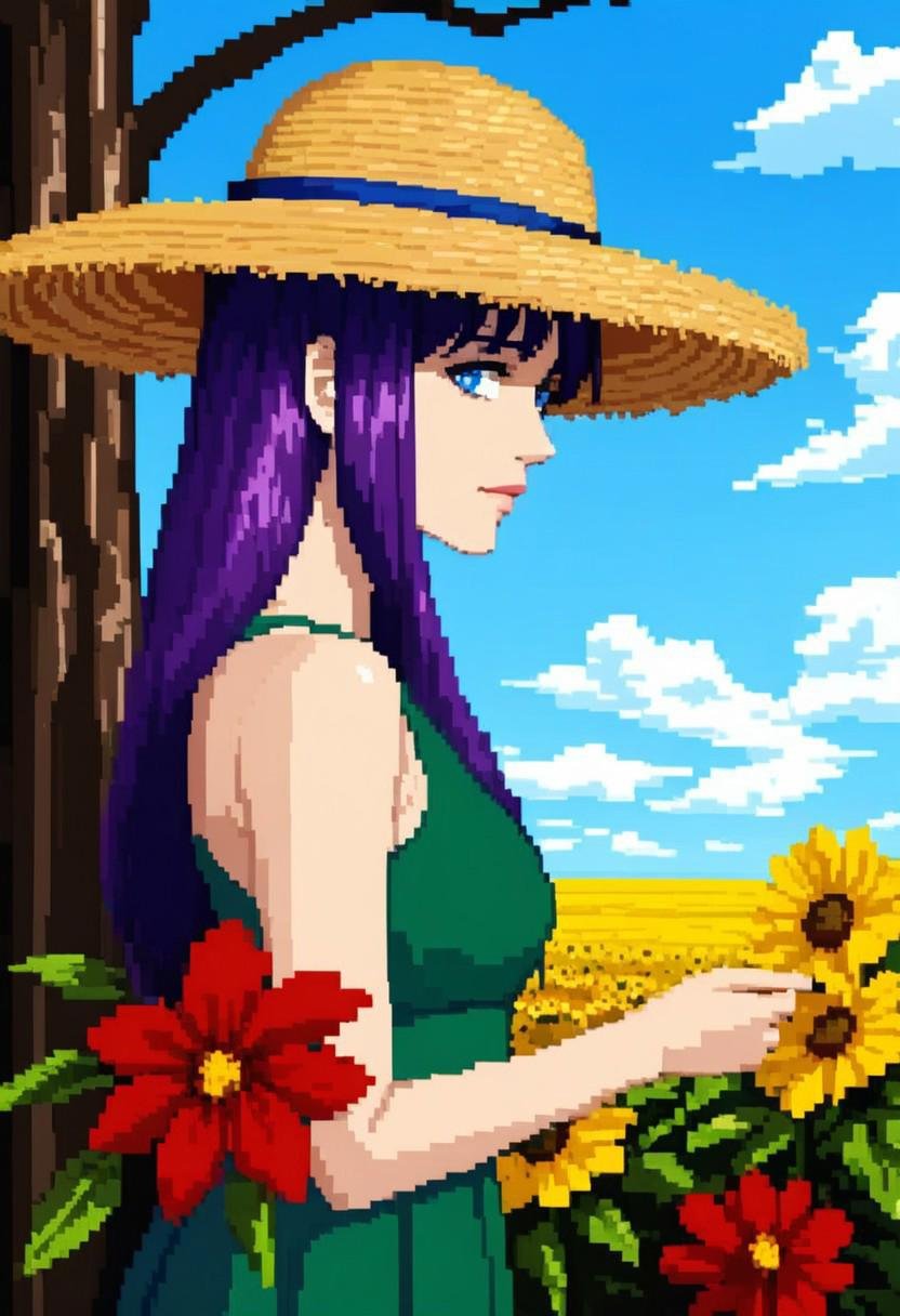 1girl,solo,long hair,looking at viewer,blue eyes,dress,hat,holding,closed mouth,bare shoulders,upper body,purple hair,flower,sidelocks,outdoors,sky,sleeveless,day,cloud,from side,blue sky,tree,looking to the side,sleeveless dress,red flower,green dress,sun hat,yellow flower,hat flower,straw hat,