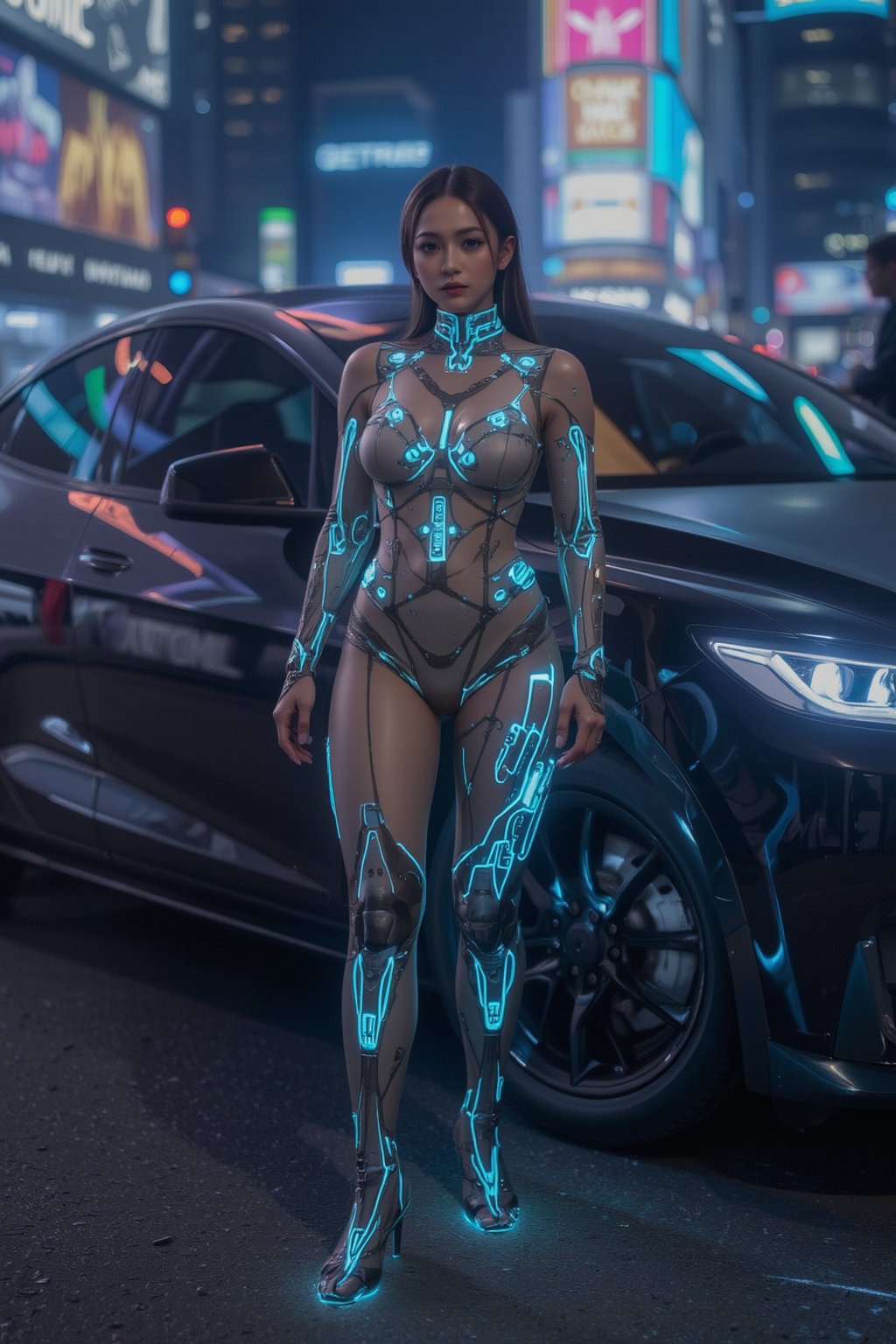 A female robot model in a glowing bodysuit made of flexible nanomaterials, standing next to a Tesla future truck. Her robotic limbs and glowing circuits complement the truck's futuristic, angular design. The scene is set in a high-tech city, with neon lights and a sleek sci-fi aesthetic, FuturEvoLabMecha