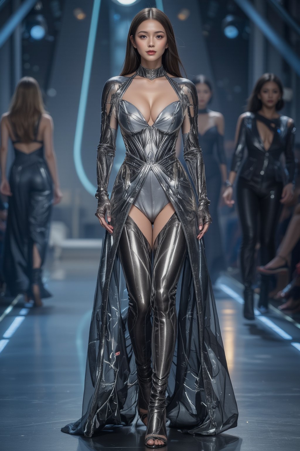 A stunning female android model walking the runway in a futuristic gown made of liquid metal, with constantly shifting textures and reflective surfaces. Her synthetic skin glows with soft blue lights, detailed mechanical joints visible on her arms and legs. High-tech runway setting, sleek and elegant atmosphere, FuturEvoLabMecha