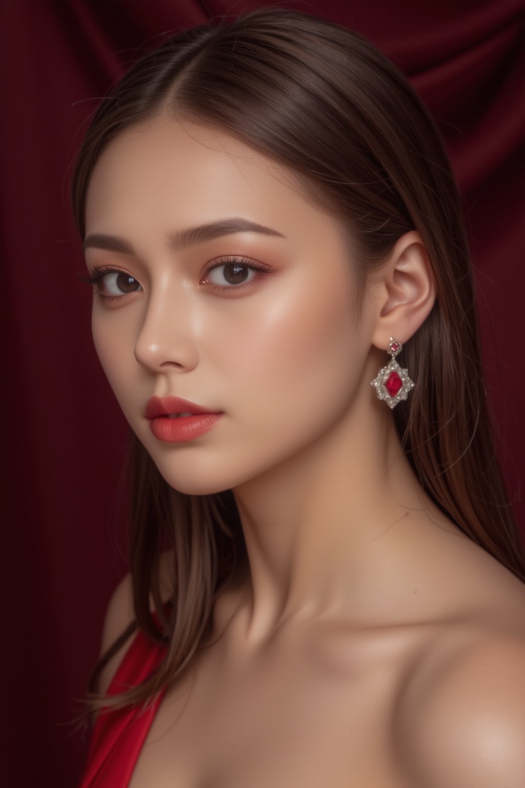 A close-up photo of the model wearing statement ruby earrings, matched with a classic red gown. The deep maroon background contrasts with her soft features and bold, red lips, placing emphasis on one earring, representing opulence and allure.
