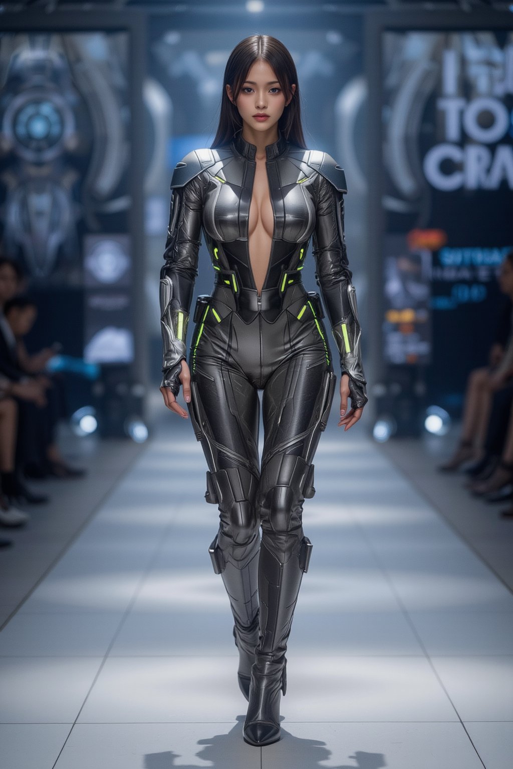 A futuristic female robot walking down the runway in a sleek, form-fitting metallic bodysuit with glowing neon accents. High-tech armor plating on her shoulders and legs, metallic skin with intricate circuitry patterns. Photorealistic, cyberpunk fashion show, dramatic runway lighting,FuturEvoLabMecha