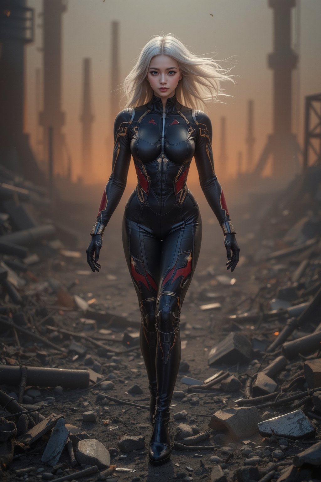 Captured in mid-stride, a lone figure emerges from the smoldering ruins: a slender young female cyborg with piercing blue eyes and striking white hair, clad in a futuristic black and red battle suit. The desolate alien battlefield stretches behind her, littered with twisted metal and shattered debris. Her gaze is fixed ahead, eyes blazing with determination as she surveys the devastation.,ghostrider,misty, holographic, ,light painting, futuristic digital, realistic sci-fi, lights, gold filigree, silver lashes, diamond, ethereal, misty, holographic