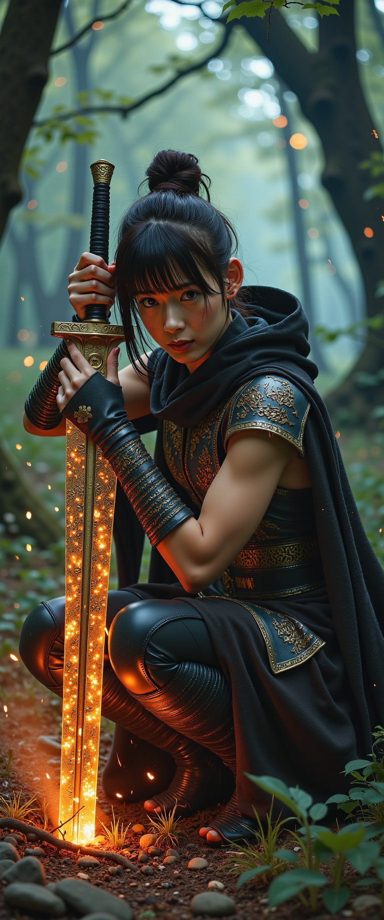 A fierce sexy  japanese female warrior crouched low, gripping a long, ornate sword with both hands, illuminated by a fiery orange aura that highlights intricate golden designs on the blade and hilt; rugged expression, dark tousled hair flowing freely, clad in elaborate metallic armor with a dark cloak draping over his back; misty twilight forest background with dark looming trees, smoky ethereal air, glowing embers and sparks around; earthy browns, oranges, and golds dominate the scene, contrasting with cooler dark greens and grays of the forest, creating a mystical, intense atmosphere,jisosmile