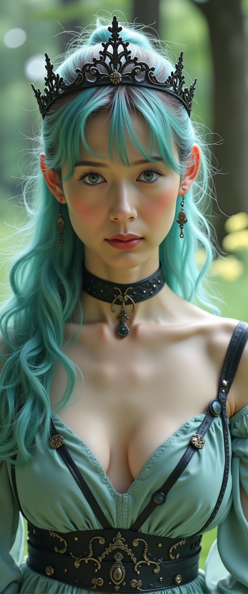 A majestic medieval maiden presides in regal , her crown-topped coiffure shimmering like seafoam in the soft light. Her ethereal blue-green locks cascade down her porcelain skin, as piercing blue eyes seem to bore into the soul. A black necklace with a triangular pendant hangs demurely around her neck, while straps on her dress appear as dark, intricate vines. The blurred background whispers of an idyllic forest or meadow, subtly emphasizing the subject's mystical aura.