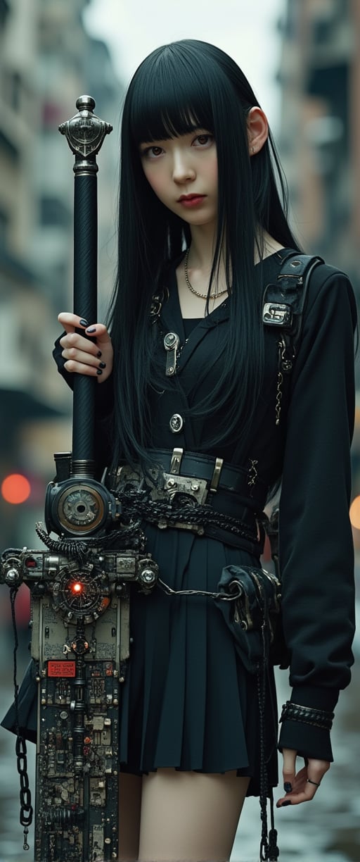 

A masterpiece photograph shot on Canon EOS R6, showcasing a stunning young woman with long, black hair and striking red eyes. She stands in a dystopic urban setting, dressed in a pleated skirt adorned with jewelry and a thigh strap. Her bangs are blunt, framing her pale skin and black nails. In one hand, she holds a large, mechanical sword covered in intricate parts, gears, and rivets, contrasting with her delicate features. The other hand is wrapped in chains, adding to the sinister aura. Her gaze meets the viewer's, exuding confidence and mystery. The overall atmosphere is whimsical and youthful, reflecting the unique Xianji subculture. Ultra-realistic details include 64k HDR, highly detailed skin, and ultra-sharp features. Capture this captivating scene with a photorealistic image that tells a story of contrasts.