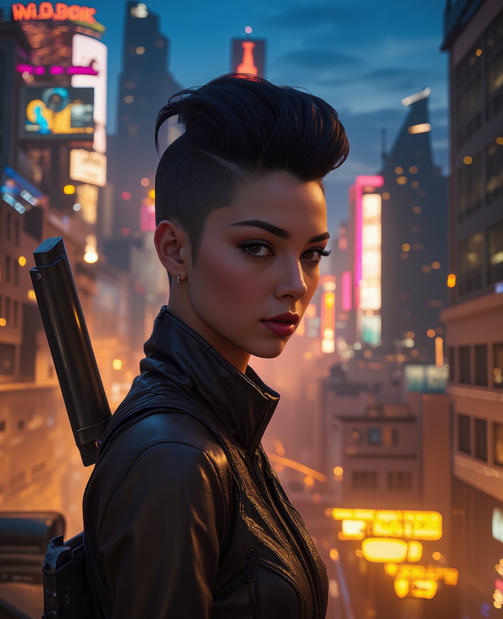 A close-up shot of a strong-willed 'mujer' protagonist in a 3D real-time cartoon-style video game. She's standing confidently, with her back against a neon-lit cityscape at dusk, surrounded by towering skyscrapers and bustling streets. Her determined gaze is fixed on the horizon as she holds a sleek, futuristic weapon. Soft, golden lighting illuminates her features, highlighting her striking facial structure and bold hairstyle.