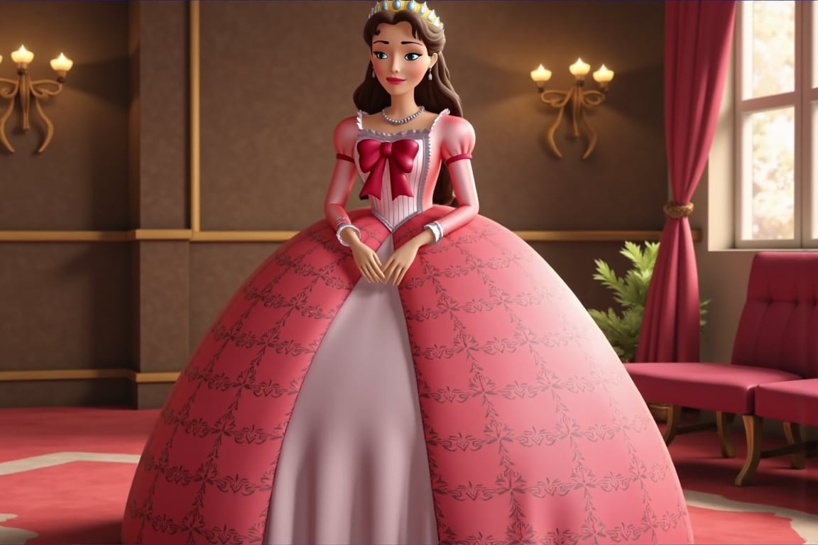  very realistic disney scenery, two characters, solo, the first is miranda_flux wearing a giant and puffy queen gown. The woman is standing, masterpiece, best_quality,