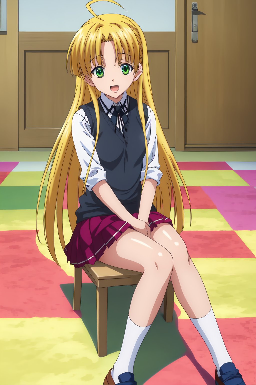 Asia Argento, (8k, HD), 1girl, solo, long hair, smile, open mouth, skirt, blonde hair, sitting, very long hair, school uniform, green eyes, ahoge, socks, sweater vest, checkered floor