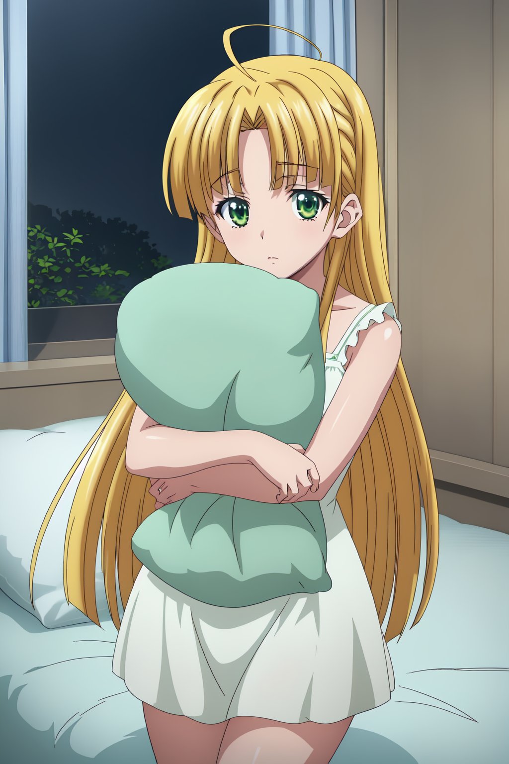 Asia Argento, (8k, HD), 1girl, solo, long hair, looking at viewer, blonde hair, dress, very long hair, green eyes, ahoge, pillow, pajamas, object hug, pillow hug, nightgown