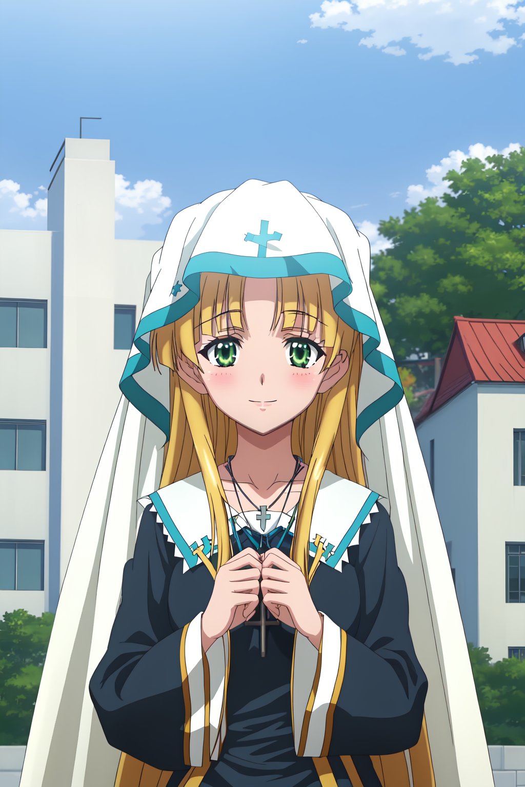 Asia Argento, (8k, HD), 1 girl, alone, long hair, looking at viewer, smile, blushing, blonde hair, dress, ribbon, jewelry, green eyes, upper body, outdoors, sky, day, cloud, necklace, cross, building, veil, nun, habit, cross necklace, anime coloring, hands at sides,