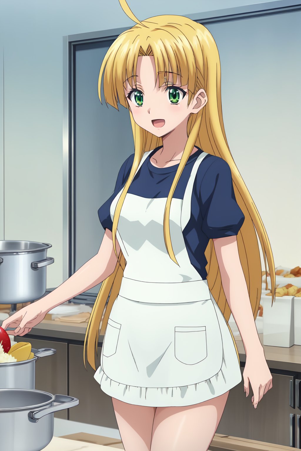 Asia Argento, (8k, HD), 1girl, solo, long hair, smile, open mouth, blonde hair, very long hair, green eyes, ahoge, food, apron, gym uniform, cooking, kitchen