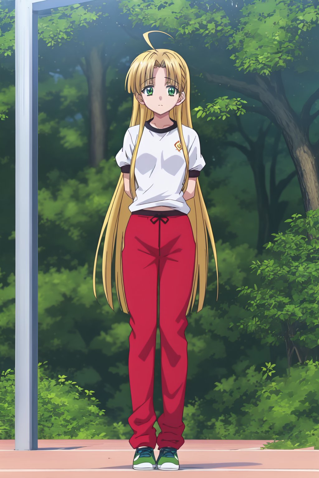 Asia Argento, (8k, HD), 1 girl, alone, long hair, blonde hair, t-shirt, very long hair, green eyes, standing, full body, ahoge, short sleeves, shoes, pants, tree, gym uniform, hands behind back, red sweatpants, looking at viewer,