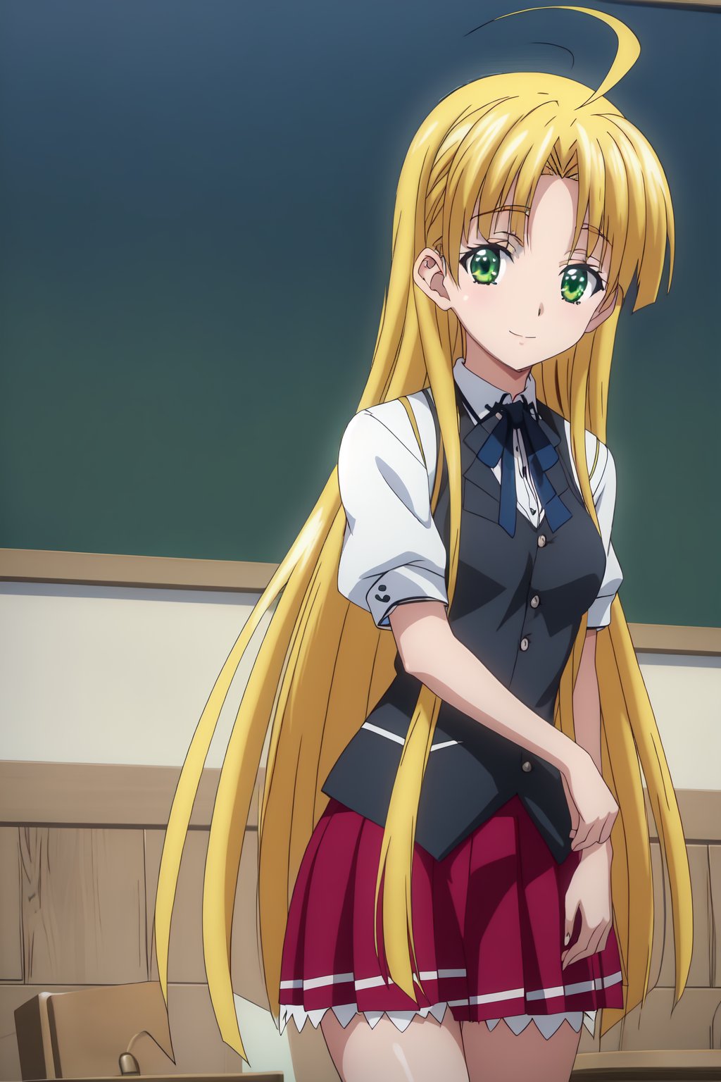 Asia Argento, (8k, HD), 1girl, solo, long hair, looking at viewer, smile, skirt, blonde hair, very long hair, school uniform, green eyes, ahoge, chalkboard