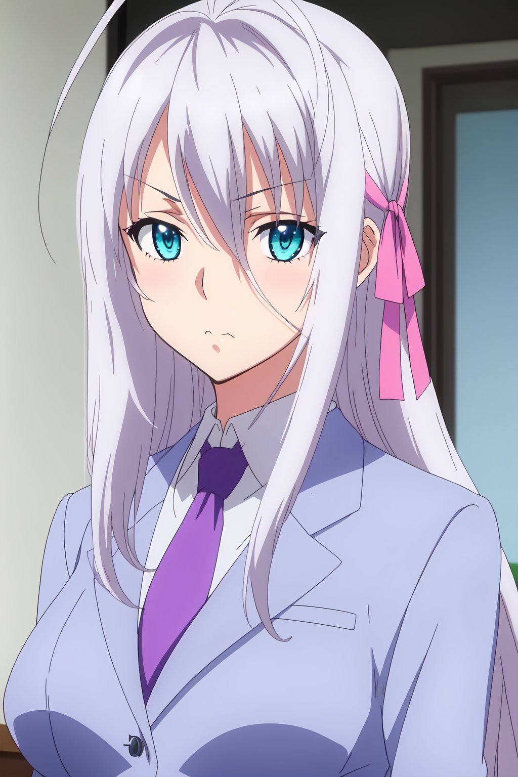 Rossweisse, (8k, HD), 1girl, solo, long hair, ribbon, school uniform, hair ribbon, grey hair, necktie, no humans, antenna hair