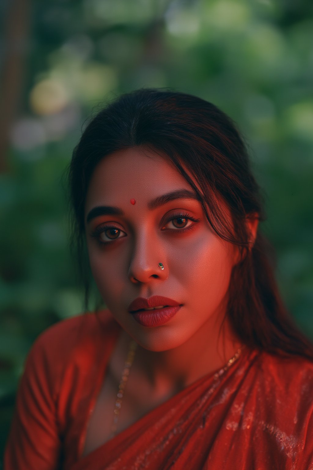 Raw photo of (18yo Kerala Beautiful young woman:1.1, (best quality, highres, ultra-detailed:1.2), This breathtaking photograph, shot on a Canon 1DX with a 50 mm f/2.8 lens, beautifully showcases the raw and authentic beauty of life. high resolution 8k image quality, vibrant colors, glowing dimond, glowing eyes, realistic Raw photo, realistic lighting, traditional Red saree,  exotic beauty, mesmerizing eyes, girl ,Thrissur,Mallu,Saree,35mm photo,epicphoto