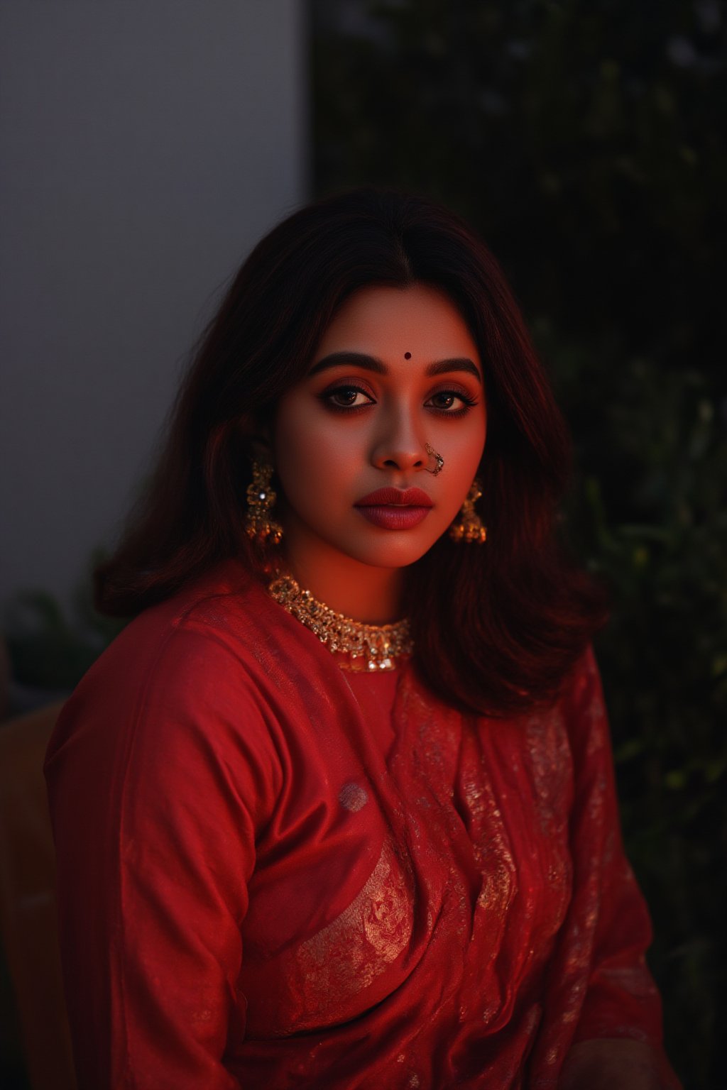 Raw photo of (18yo Kerala Beautiful young woman:1.1, (best quality, highres, ultra-detailed:1.2), This breathtaking photograph, shot on a Canon 1DX with a 50 mm f/2.8 lens, beautifully showcases the raw and authentic beauty of life. high resolution 8k image quality, vibrant colors, glowing dimond, glowing eyes, realistic Raw photo, realistic lighting, traditional Red saree,  exotic beauty, mesmerizing eyes, girl ,Thrissur,Mallu,Saree,35mm photo,epicphoto