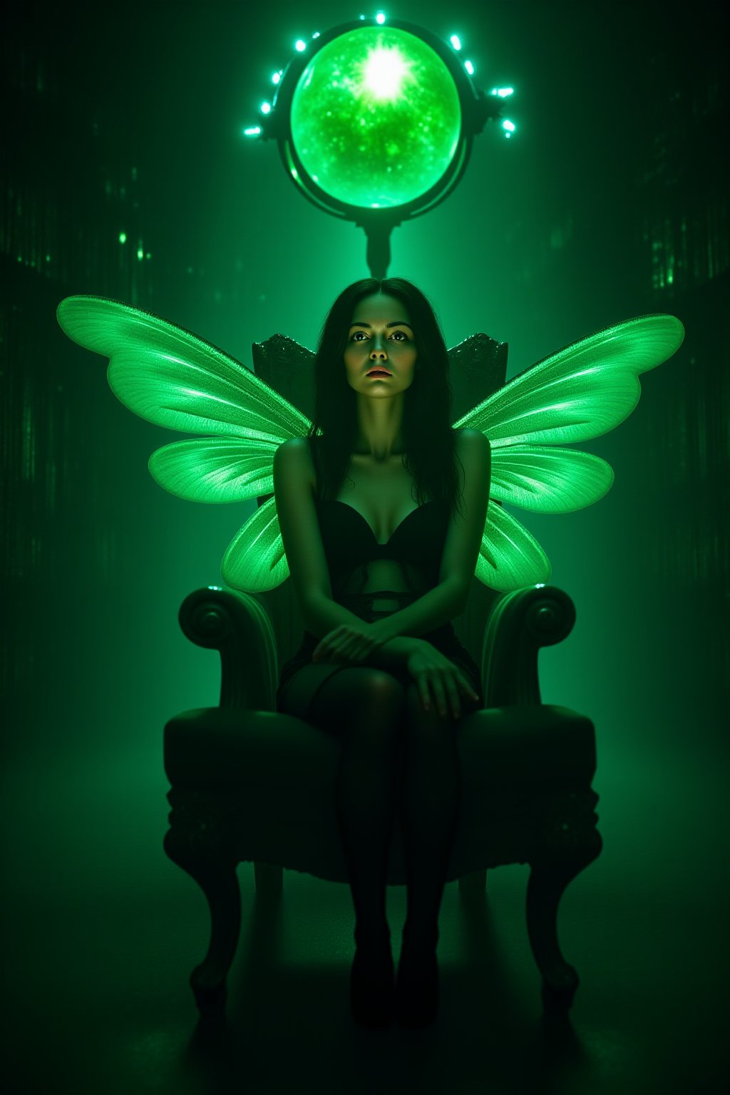 1girl, HKMagic, A beautiful fairy wearing black sheer pantyhose,  with glowing wings is sitting in crystalz throne in magic library as she looks at big green orb of magic and spells. She has detailed facial features and there is a glowing green light in the background with cinematic lighting, fairycore, hkmagic, masterpiece, best quality, highly detailed, sharp focus, dynamic lighting, no shoes, black pantyhose, full body shot,Details,Skin texture,epicphoto