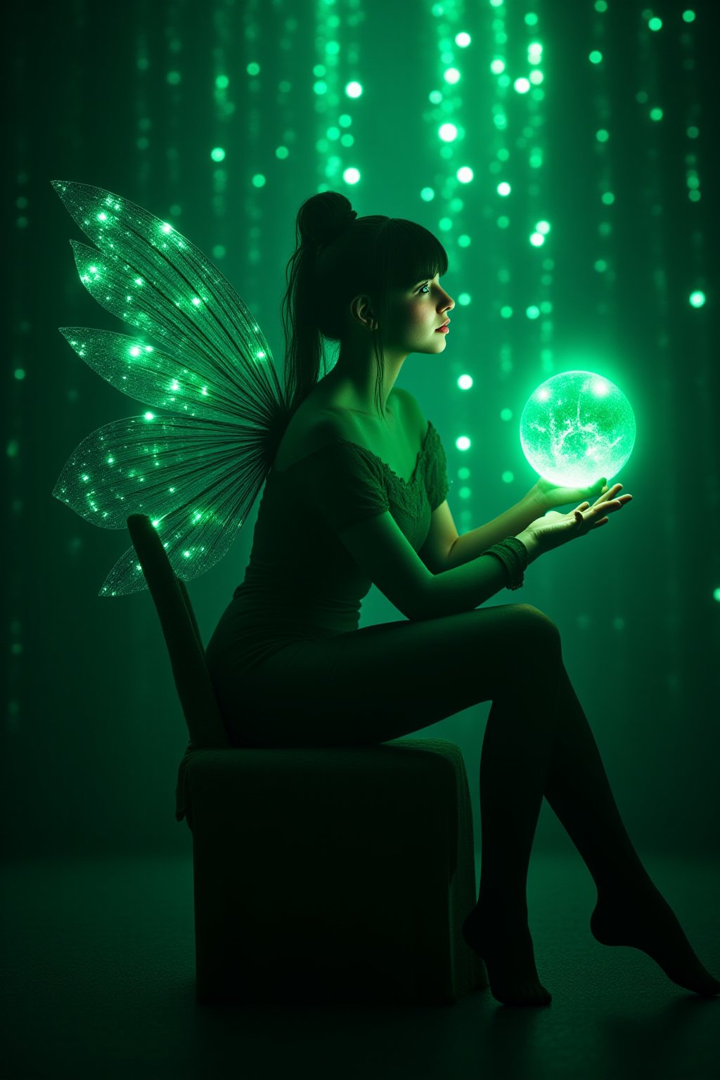 1girl, HKMagic, A beautiful fairy wearing black sheer pantyhose,  with glowing wings is sitting in crystalz throne in magic library as she looks at big green orb of magic and spells. She has detailed facial features and there is a glowing green light in the background with cinematic lighting, fairycore, hkmagic, masterpiece, best quality, highly detailed, sharp focus, dynamic lighting, no shoes, black pantyhose, full body shot,Details,Skin texture,epicphoto