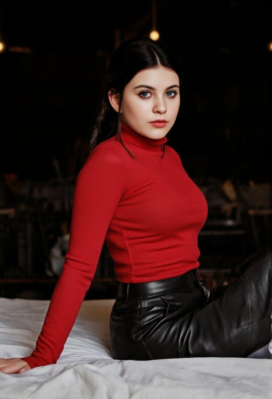 28 years old, dark hair, braided hair, make_up, eye_lashes, dark alley background, red woolen bodycon, blue eyes, photographic realistic, high_resolution, detailed_background, midnight, side_view, leather boots, , black leggings, Beautiful eyes, Eyes, laying on bed,35mm photo,epicphoto,Realistic,cinematic , film grain, Short telephoto focal length, shot on ALEXA 65