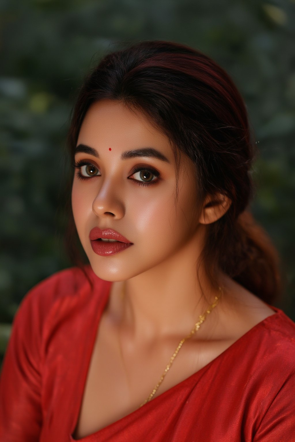 Raw photo of (28yo Kerala Beautiful young woman:1.1, (best quality, highres, ultra-detailed:1.2), This breathtaking photograph, shot on a Canon 1DX with a 50 mm f/2.8 lens, beautifully showcases the raw and authentic beauty of life. high resolution 8k image quality, vibrant colors, glowing dimond, glowing eyes, realistic Raw photo, realistic lighting, traditional Red saree,  exotic beauty, mesmerizing eyes,35mm photo,epicphoto