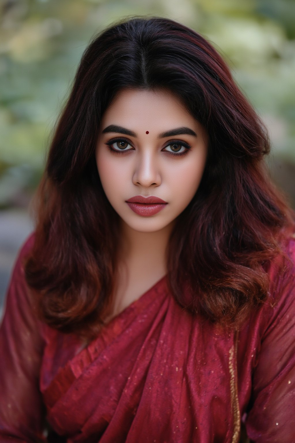 Raw photo of (28yo Kerala Beautiful young woman:1.1, (best quality, highres, ultra-detailed:1.2), This breathtaking photograph, shot on a Canon 1DX with a 50 mm f/2.8 lens, beautifully showcases the raw and authentic beauty of life. high resolution 8k image quality, vibrant colors, glowing dimond, glowing eyes, realistic Raw photo, realistic lighting, traditional Red saree,  exotic beauty, mesmerizing eyes,35mm photo,epicphoto