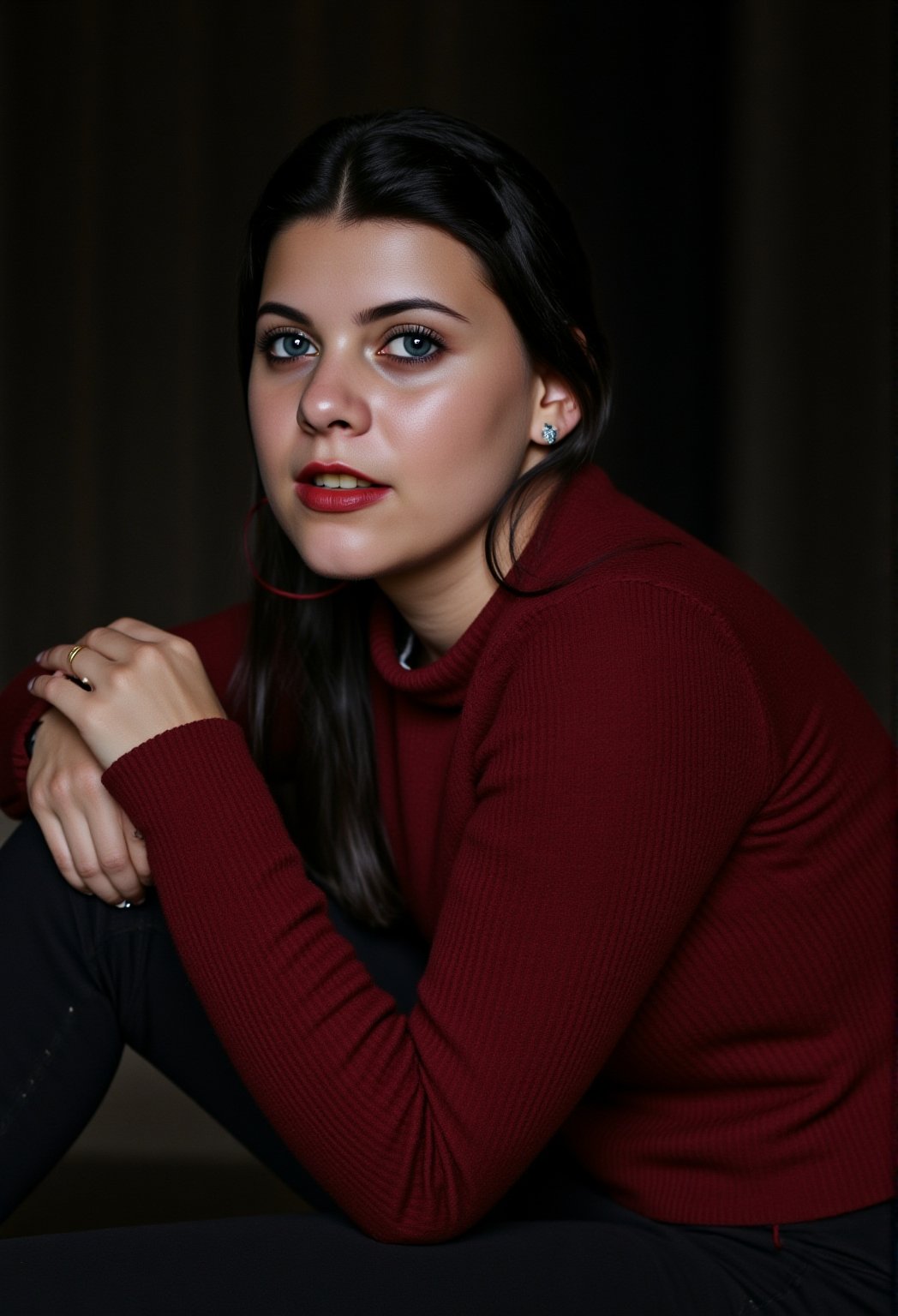 28 years old, dark hair, braided hair, make_up, eye_lashes, dark alley background, red woolen bodycon, blue eyes, photographic realistic, high_resolution, detailed_background, midnight, side_view, leather boots, , black leggings, Beautiful eyes, Eyes, laying on bed,35mm photo,epicphoto,Realistic,