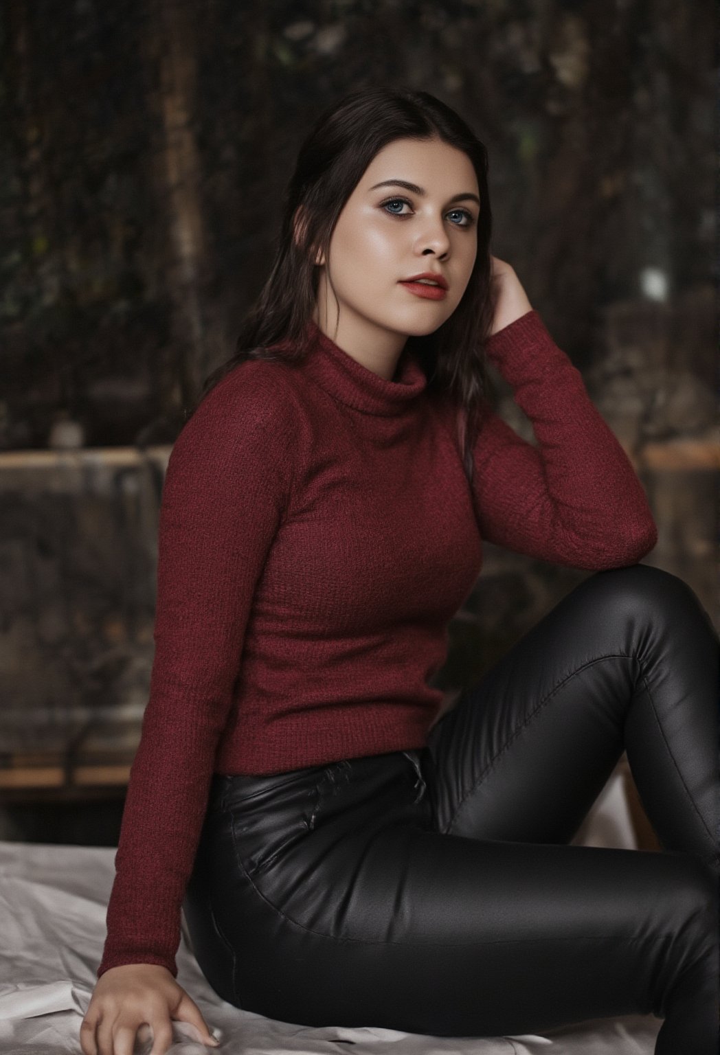 28 years old, dark hair, braided hair, make_up, eye_lashes, dark alley background, red woolen bodycon, blue eyes, photographic realistic, high_resolution, detailed_background, midnight, side_view, leather boots, , black leggings, Beautiful eyes, Eyes, laying on bed,35mm photo,epicphoto,Realistic,cinematic , film grain, Short telephoto focal length, shot on ALEXA 65