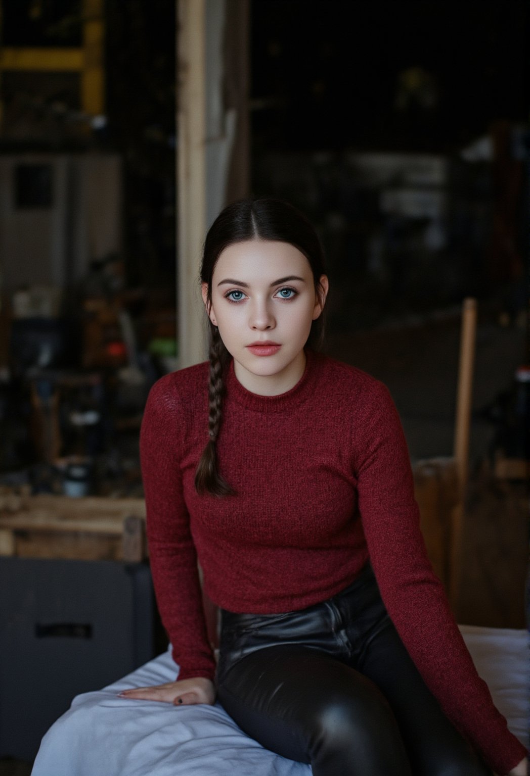 28 years old, dark hair, braided hair, make_up, eye_lashes, dark alley background, red woolen bodycon, blue eyes, photographic realistic, high_resolution, detailed_background, midnight, side_view, leather boots, , black leggings, Beautiful eyes, Eyes, laying on bed,35mm photo,epicphoto,Realistic,cinematic , film grain, Short telephoto focal length, shot on ALEXA 65